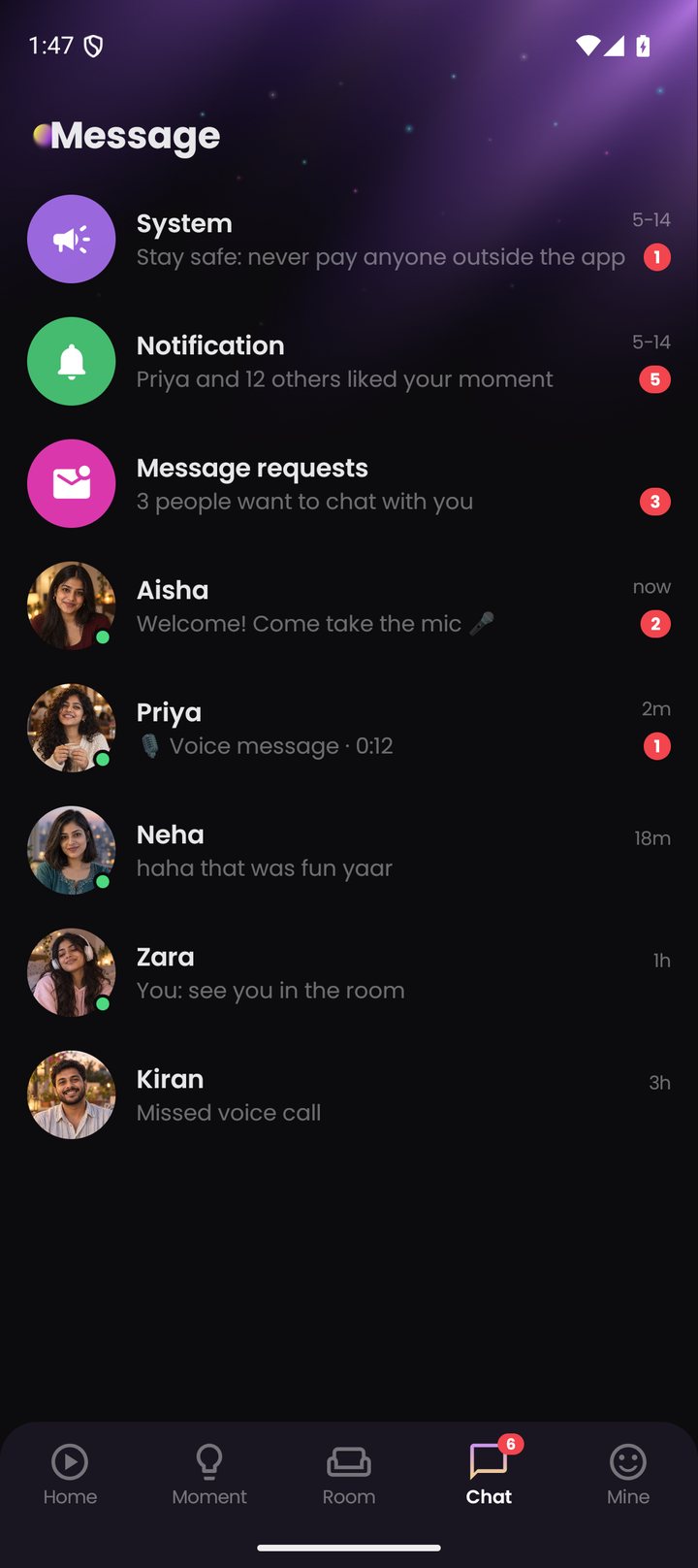 The Nazoo messages list with conversations, message requests and notifications.