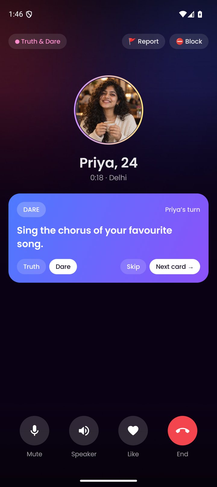 A Truth and Dare call showing a Dare card: sing the chorus of your favourite song.